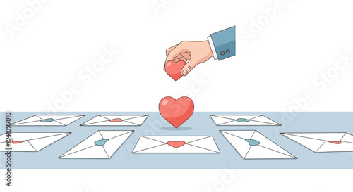 Heartfelt message: hand placing heart in envelope amid sent letters