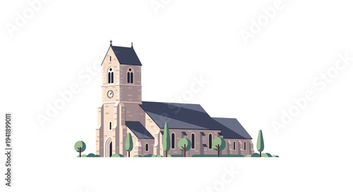 Scenic medieval church with clock tower and small trees