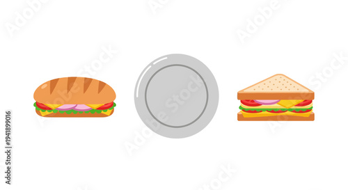 Flat style sandwiches and plate arrangement on white background
