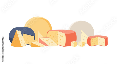 Assorted cheese collection in modern flat style featuring various cheese types and colors