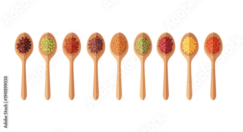 Wooden spoons with diverse spices for culinary inspiration