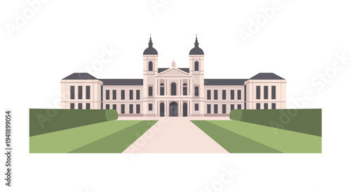 Elegant flat design of historic european mansion with garden pathway