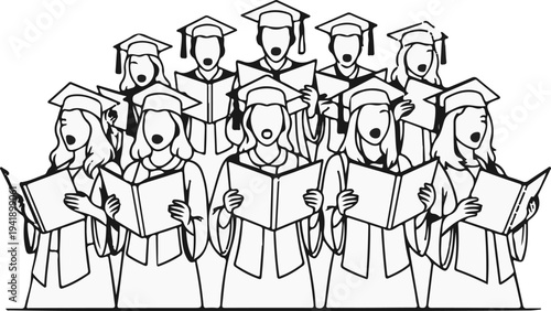 A choir of figures, wearing graduation caps, sing from open books