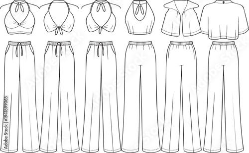 Fashion design sketches of palazzo pants and halter-style tops and bolero.