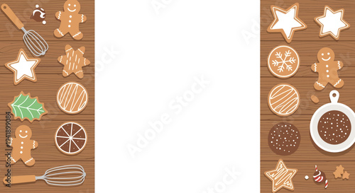Festive gingerbread and cookies on wooden table with copy space