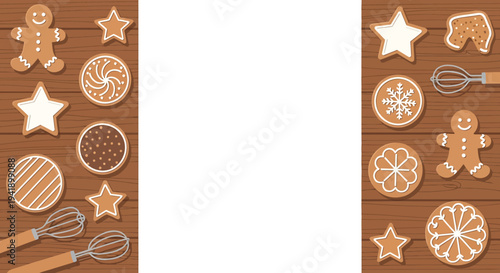 Festive gingerbread cookies and baking utensils on wooden background