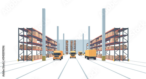 Modern warehouse interior with trucks and shelving in a flat design