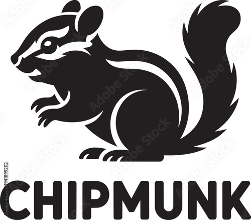 Black and white chipmunk icon with bold text on transparent background, simple vector art illustration