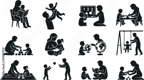Parenting activities silhouette set showing mother father with children reading playing learning teaching and bonding moments isolated family life vector icons collection