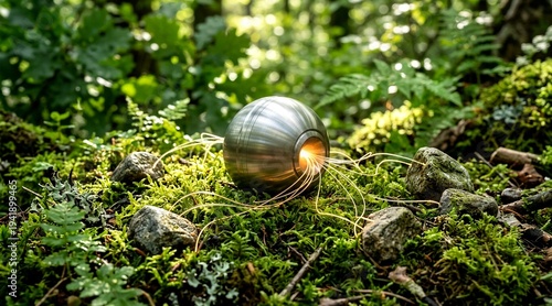 Metallic sphere glowing on mossy forest ground surrounded by greenery  