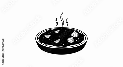 A black and white illustration of a steaming bowl of dark, chunky food with onions and garlic