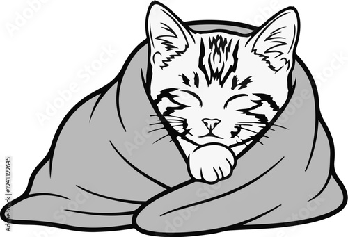 A black and white illustration of a striped cat sleeping soundly under a blanket