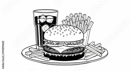 A black and white illustration of a tall glass of soda with ice, a large burger, and a serving of french fries