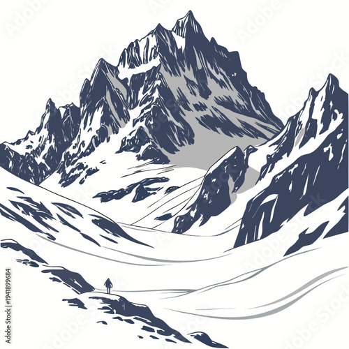 Snowy mountain range with sharp peaks and a lone figure