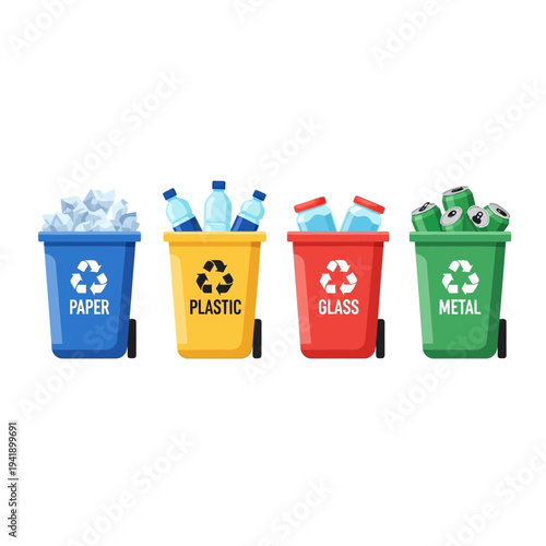 Set of 4 recycling bins vector, paper, plastic, glass, metal
