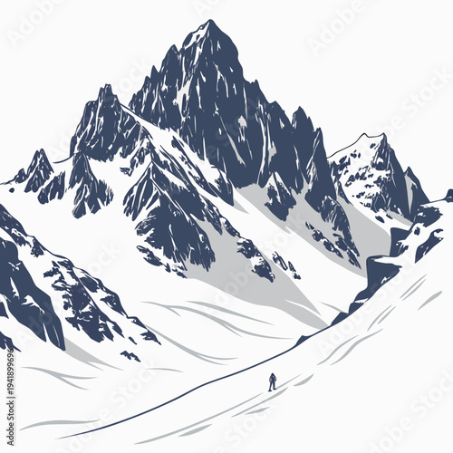 Snowy mountain range with sharp peaks and a lone hiker