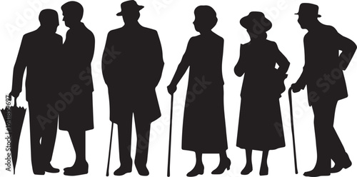 Silhouettes of elderly people with canes and umbrella in vintage style seniors black and white