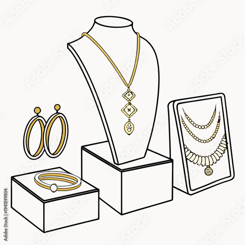 Gold jewelry display set with necklaces earrings bracelet