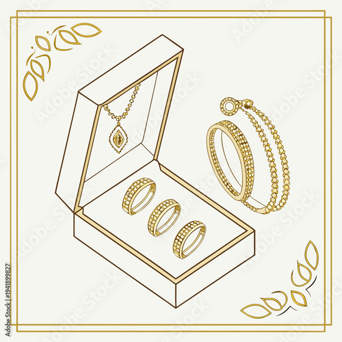 Gold jewelry display with necklace and rings in box
