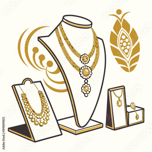 Gold jewelry display with necklace earrings and pendant on mannequin bust