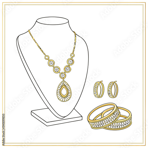 Gold jewelry display with necklace earrings and bangles