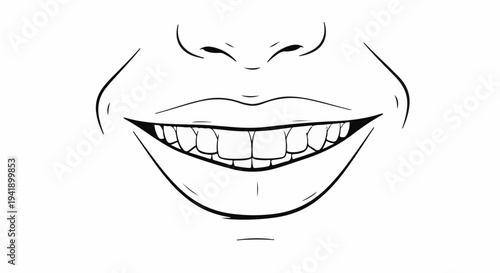 A black and white illustration of a wide smiling mouth with many visible teeth