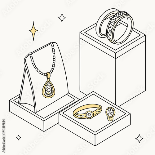 Gold jewelry display with necklace pendant earrings rings