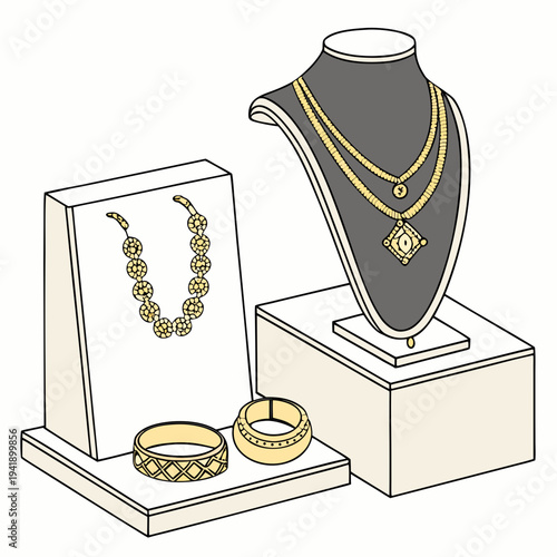 Gold jewelry display with necklace earrings and rings