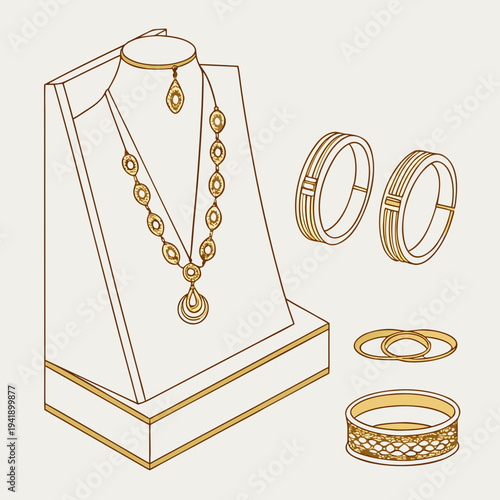 Gold jewelry display with necklaces and bracelets earrings