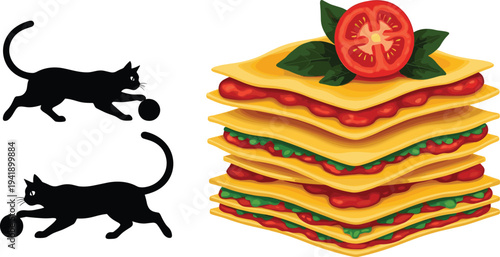 Black cat silhouette playing with ball and layered lasagna slice illustration set representing pet activity and Italian food concept