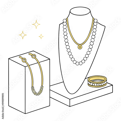 Gold jewelry display with necklaces and ring on stands 1