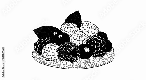 A black and white illustration of assorted berries piled high on a textured base