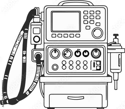 A black and white line drawing of a medical ventilator with hoses and controls