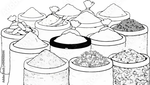 A collection of burlap sacks filled with various grains and powders