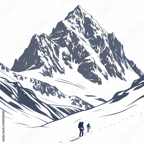 Massive arctic peak with heavy snow layers and climbers