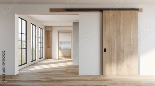 Minimalist interior with wooden sliding barn door and sunlit open plan living space
