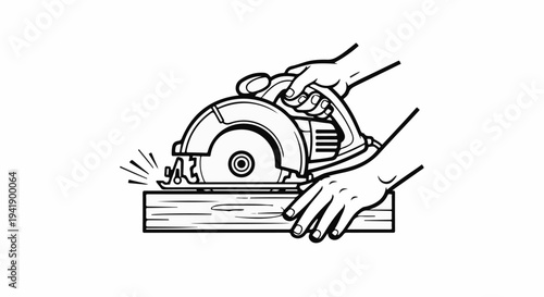 A black and white illustration of hands operating a circular saw on wood