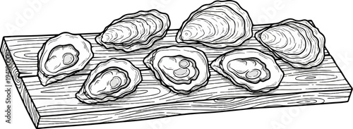 A black and white illustration of seven fresh oysters on a wooden board
