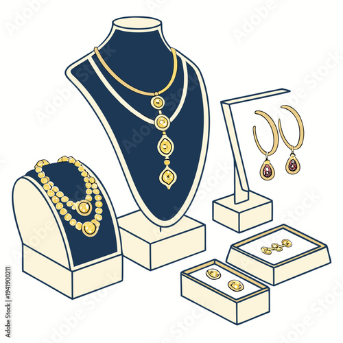 Gold jewelry display with necklace earrings and bracelets on stands