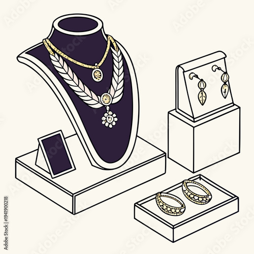 Gold jewelry display with necklace earrings and bracelets