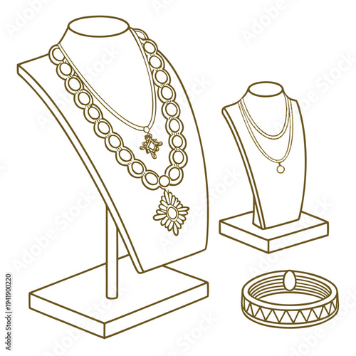 Gold jewelry display with necklaces and bracelet on stands