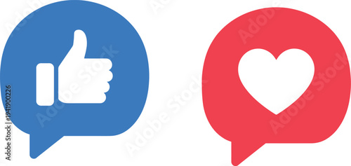 Social Media Like and Love Reaction Icons in Chat Bubble Notification Symbols for Online Communication, Feedback, Engagement Vector Illustration