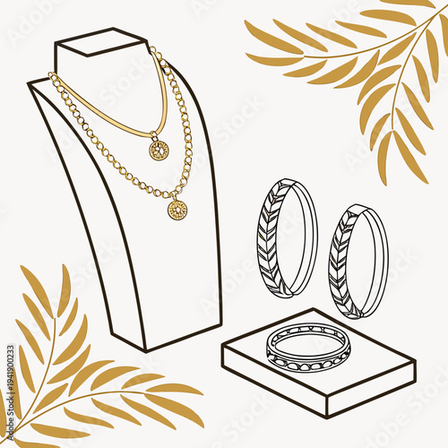 Gold jewelry display with necklaces and bracelets and leaf decorations