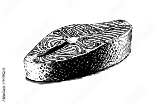 Single raw salmon steak slice depicted in hand-drawn engraving style on white background. Concept of seafood, cooking, and natural food