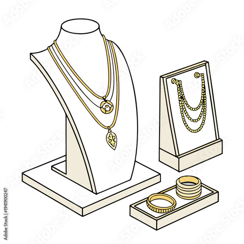 Gold jewelry display with necklaces and rings on stands