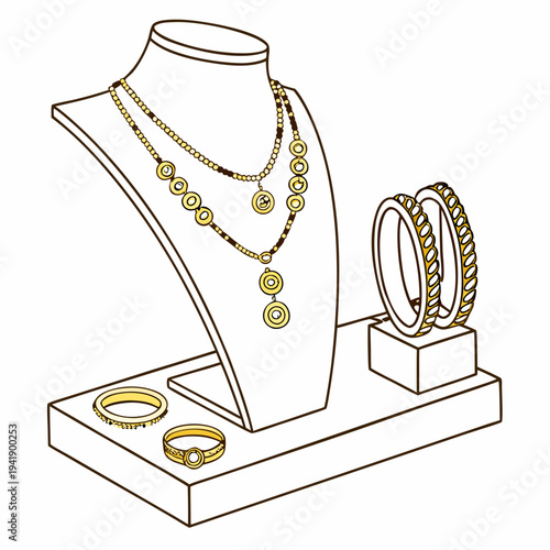 Gold jewelry display with necklaces bracelets and rings on stand