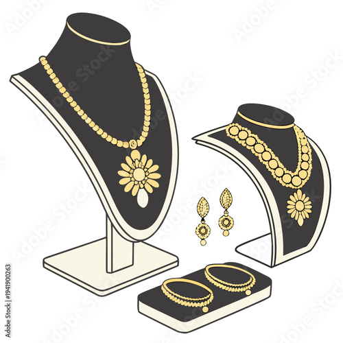Gold jewelry display with necklaces earrings and bracelets