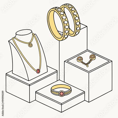 Gold jewelry retail display featuring rings necklace earrings