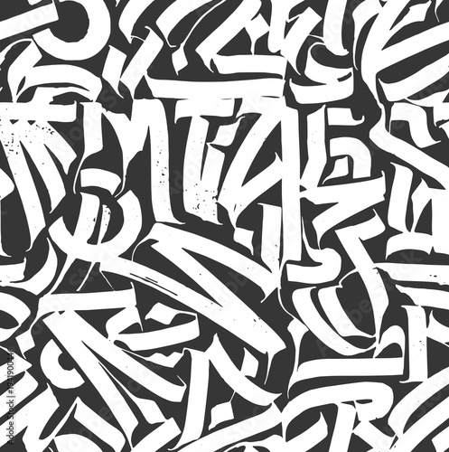 White brush calligraphy symbols seamless pattern on black background. Decorative ornamental composition. Vector illustration