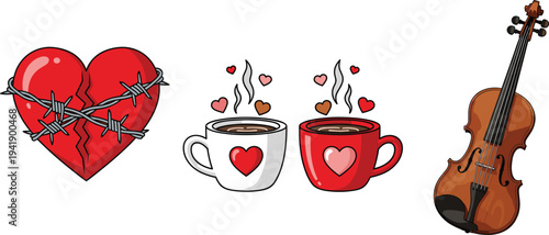 Broken Heart with Barbed Wire, Romantic Coffee Cups with Love Symbols, and Classic Violin Vector Illustration Set